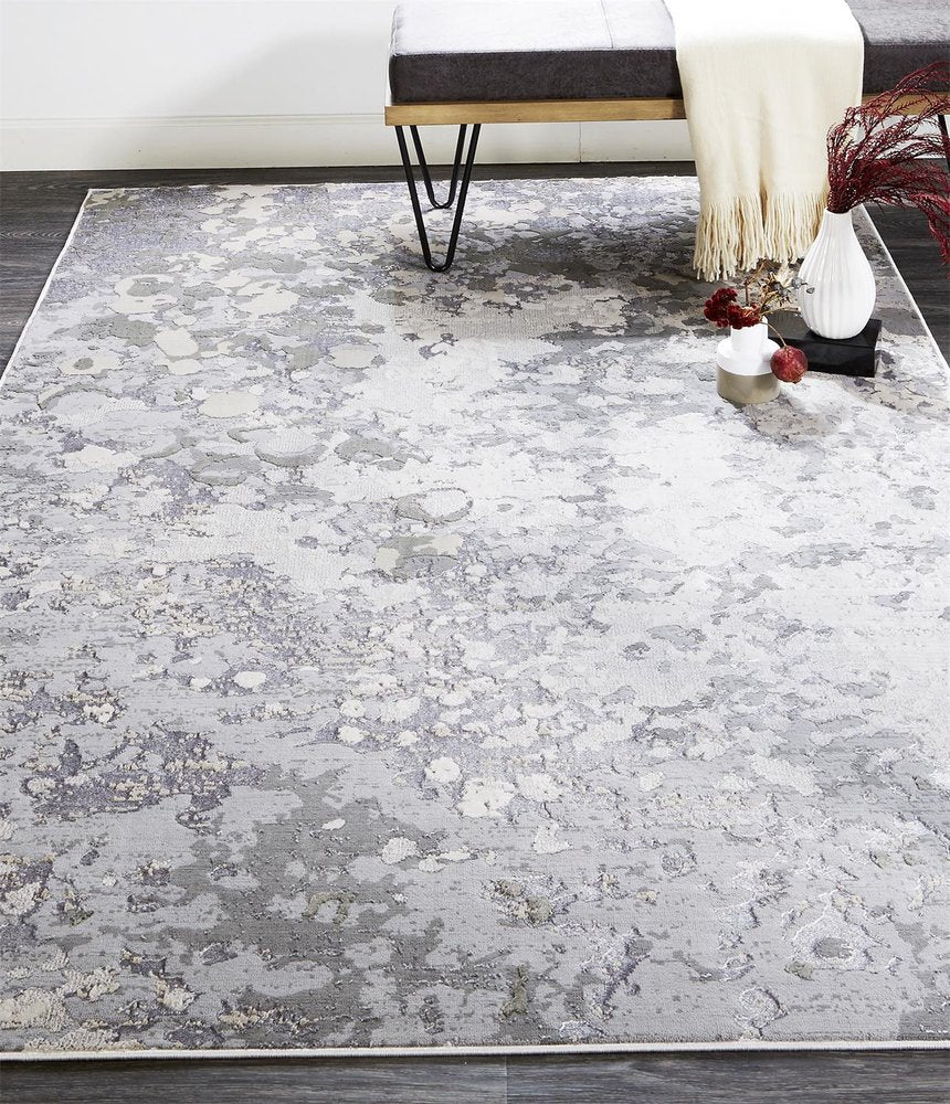 9' X 12' Silver Gray And White Abstract Area Rug