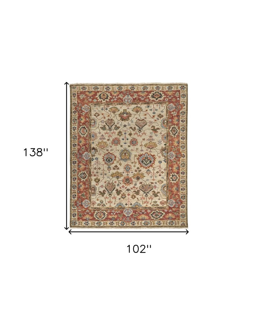 9' X 12' Red and Ivory Wool Floral Hand Knotted Area Rug With Fringe