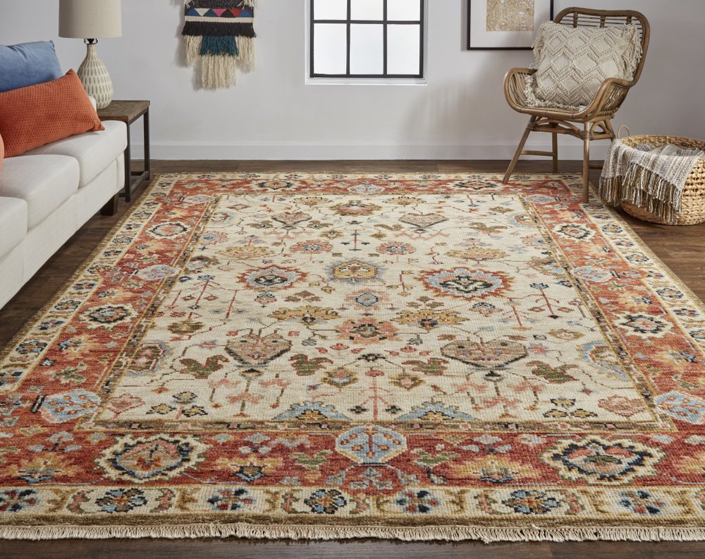 9' X 12' Red and Ivory Wool Floral Hand Knotted Area Rug With Fringe