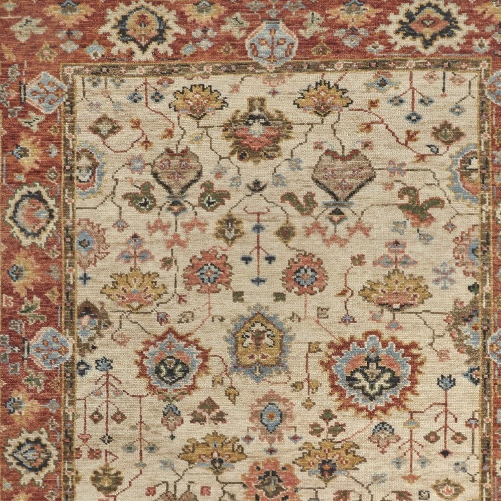 9' X 12' Red and Ivory Wool Floral Hand Knotted Area Rug With Fringe