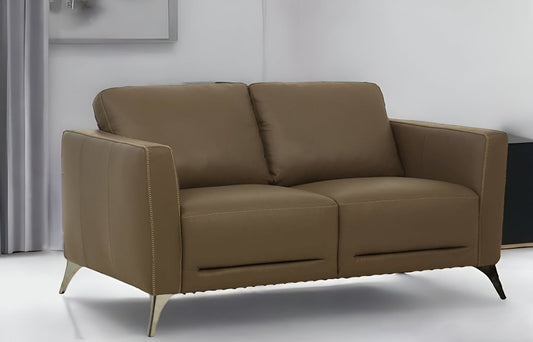 Loveseat de cuero marrón y plateado de 59"