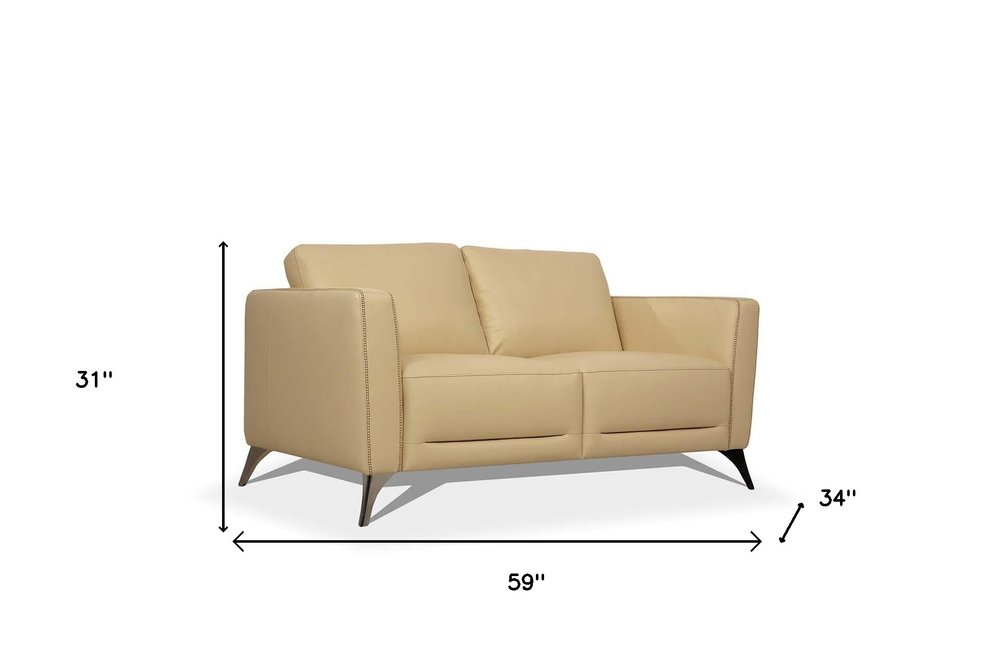 Loveseat de cuero color crema y plateado de 59"
