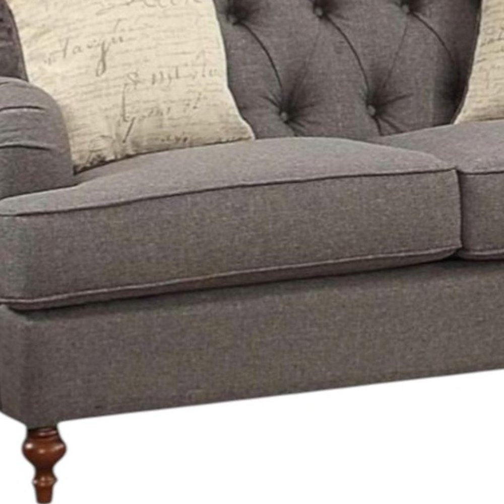 Loveseat curvo de lino gris oscuro y marrón de 61" y cojines decorativos