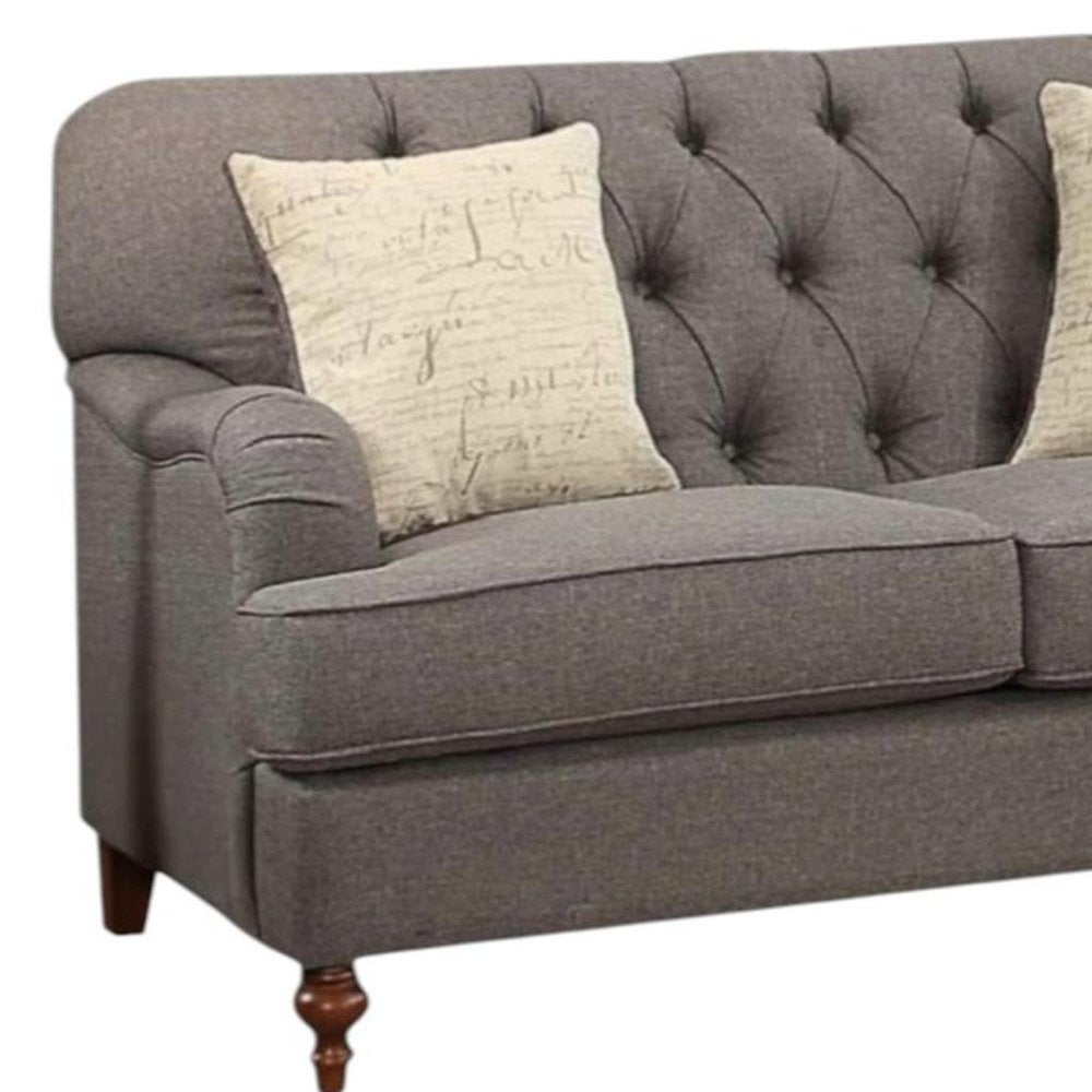 Loveseat curvo de lino gris oscuro y marrón de 61" y cojines decorativos