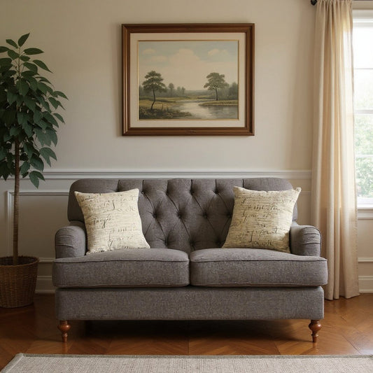 Loveseat curvo de lino gris oscuro y marrón de 61" y cojines decorativos