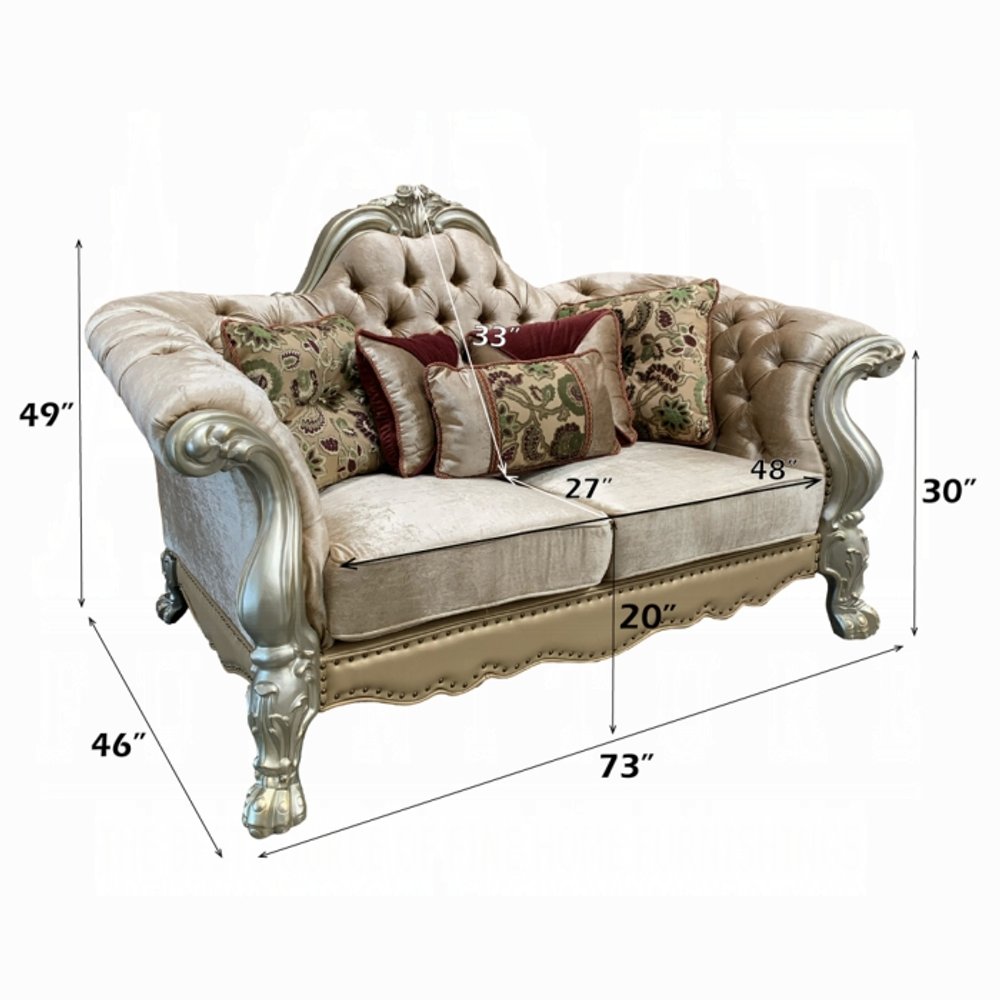 Loveseat de terciopelo color hueso de 73" y cojines decorativos