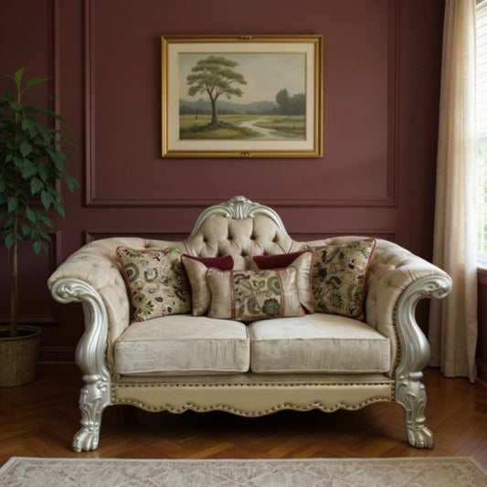 Loveseat de terciopelo color hueso de 73" y cojines decorativos