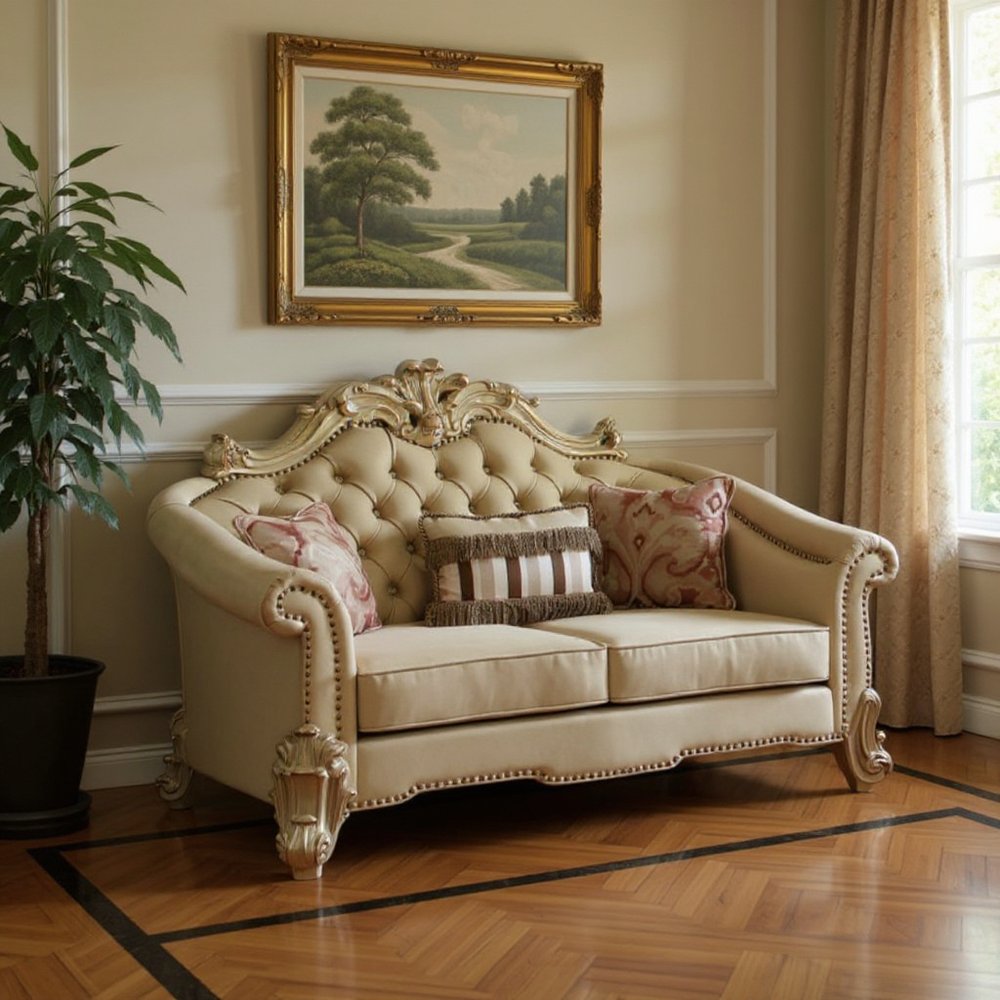 Loveseat de 67" de piel sintética color hueso y dorado con cojines