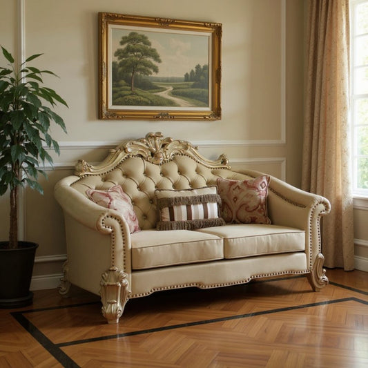 Loveseat de 67" de piel sintética color hueso y dorado con cojines