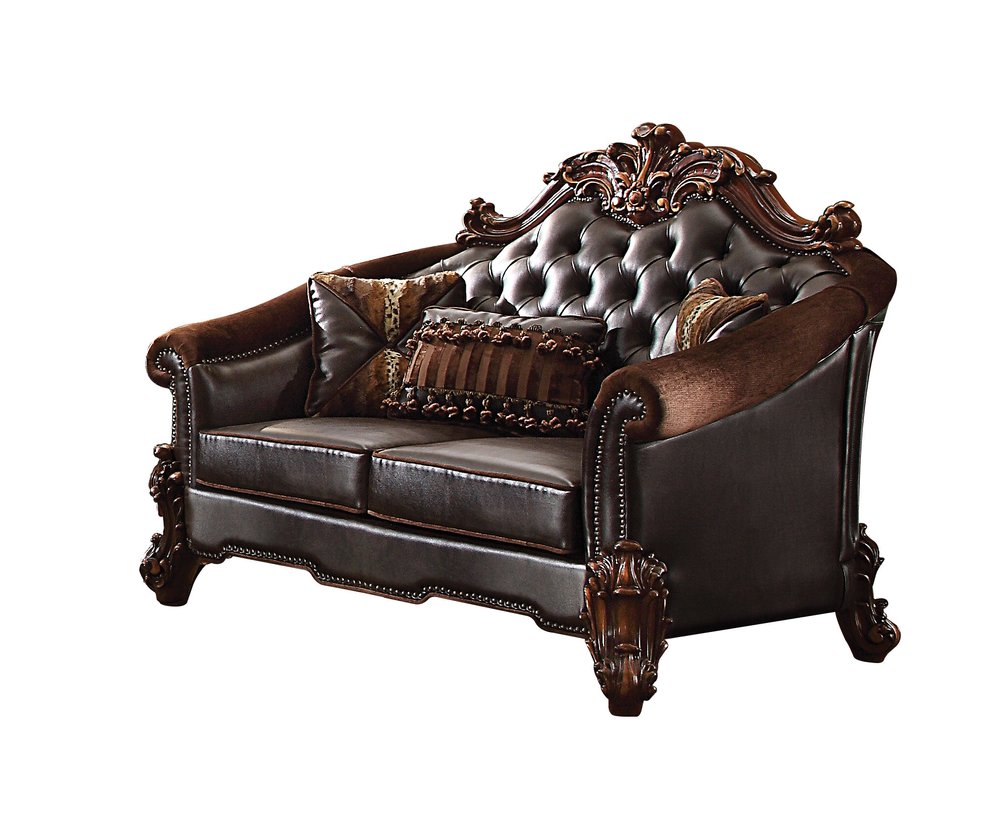 Loveseat de 66" con cojines en chenilla y cuero sintético marrón y marrón oscuro