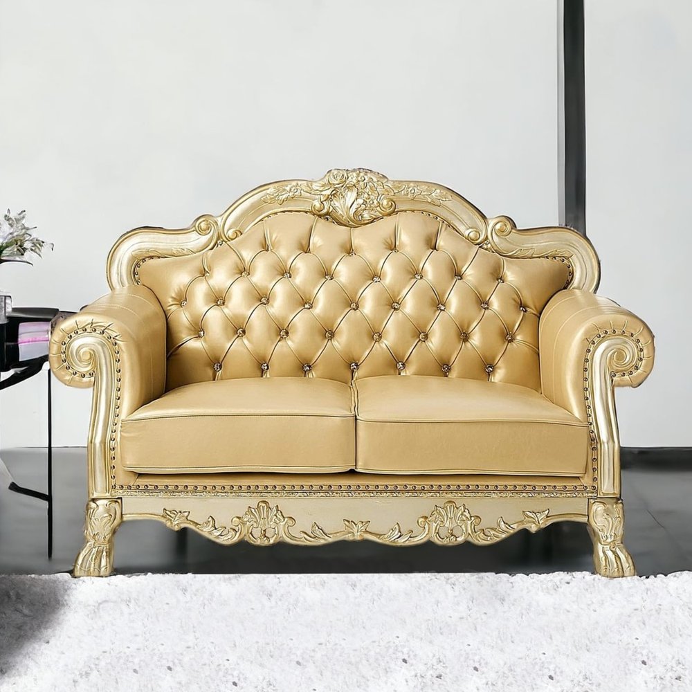 Loveseat de 64" de piel sintética color hueso y dorado con cojines