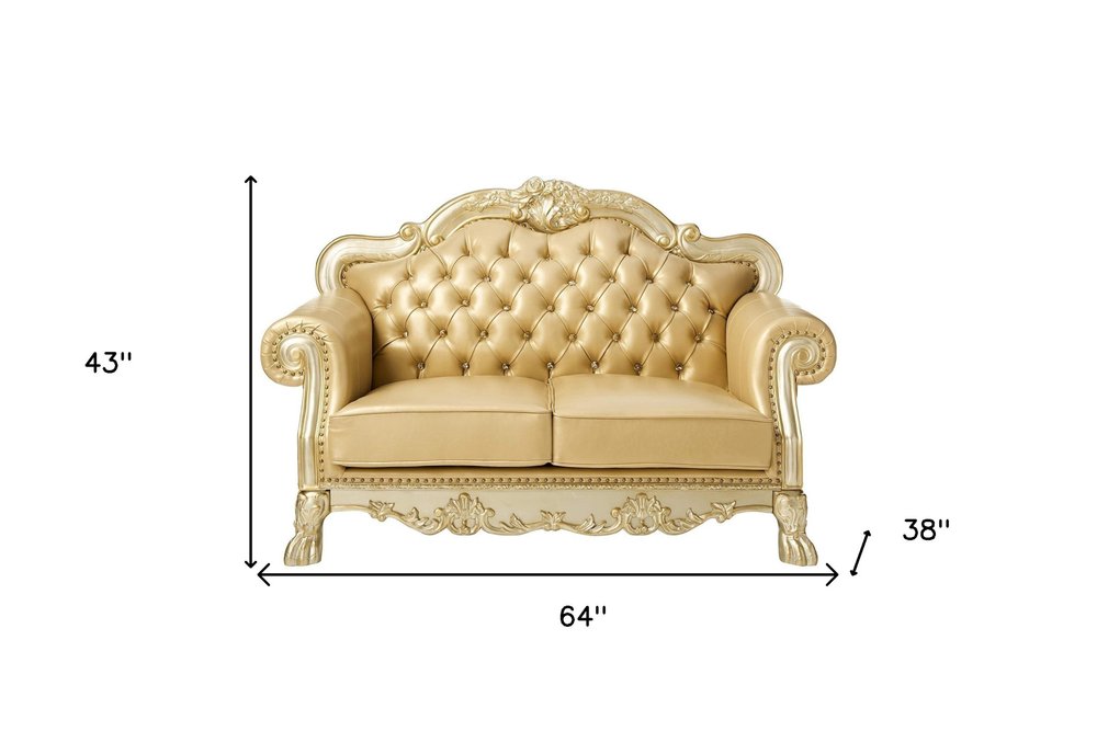 Loveseat de 64" de piel sintética color hueso y dorado con cojines