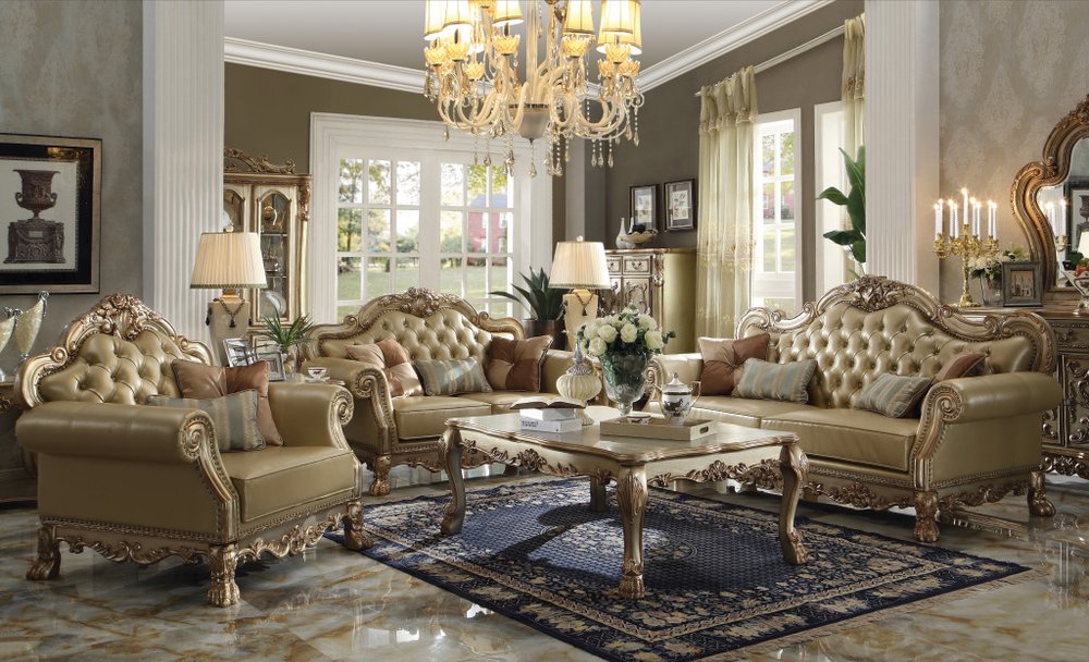 Loveseat de 64" de piel sintética color hueso y dorado con cojines