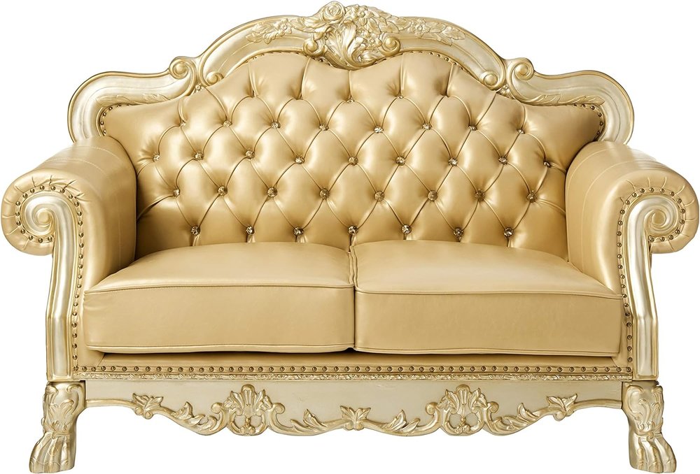 Loveseat de 64" de piel sintética color hueso y dorado con cojines