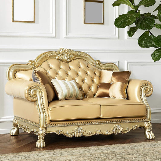 Loveseat de 64" de piel sintética color hueso y dorado con cojines