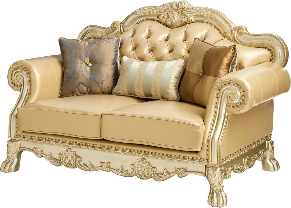 Loveseat de 64" de piel sintética color hueso y dorado con cojines
