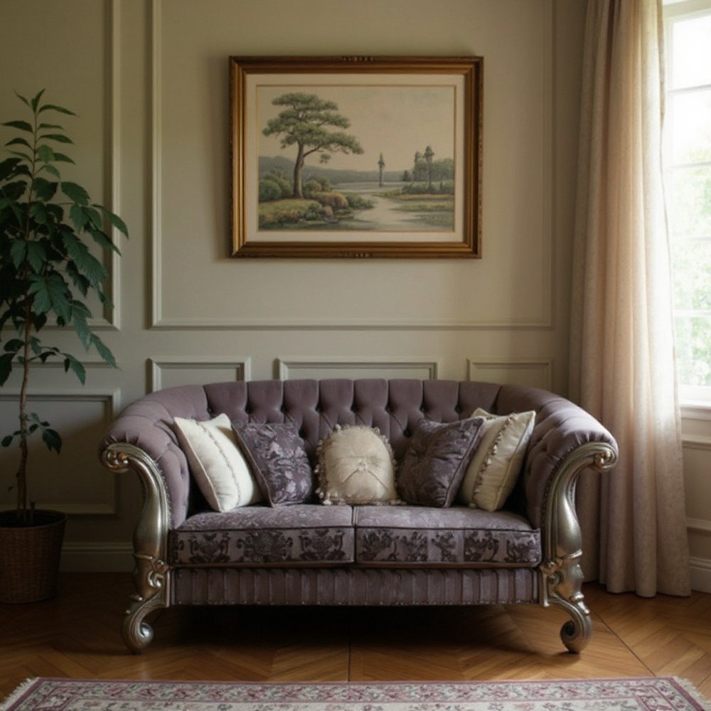 Loveseat de 76" de terciopelo morado y platino con cojines decorativos