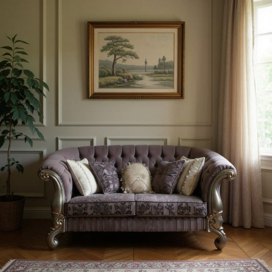 Loveseat de 76" de terciopelo morado y platino con cojines decorativos