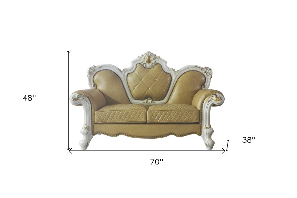 Loveseat de 70" de piel sintética en amarillo dorado y perla con cojines