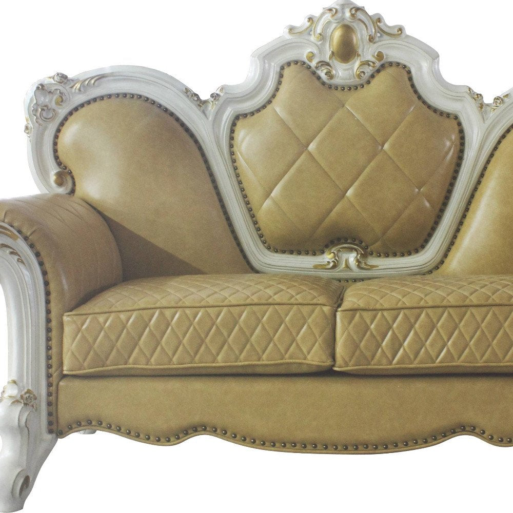 Loveseat de 70" de piel sintética en amarillo dorado y perla con cojines