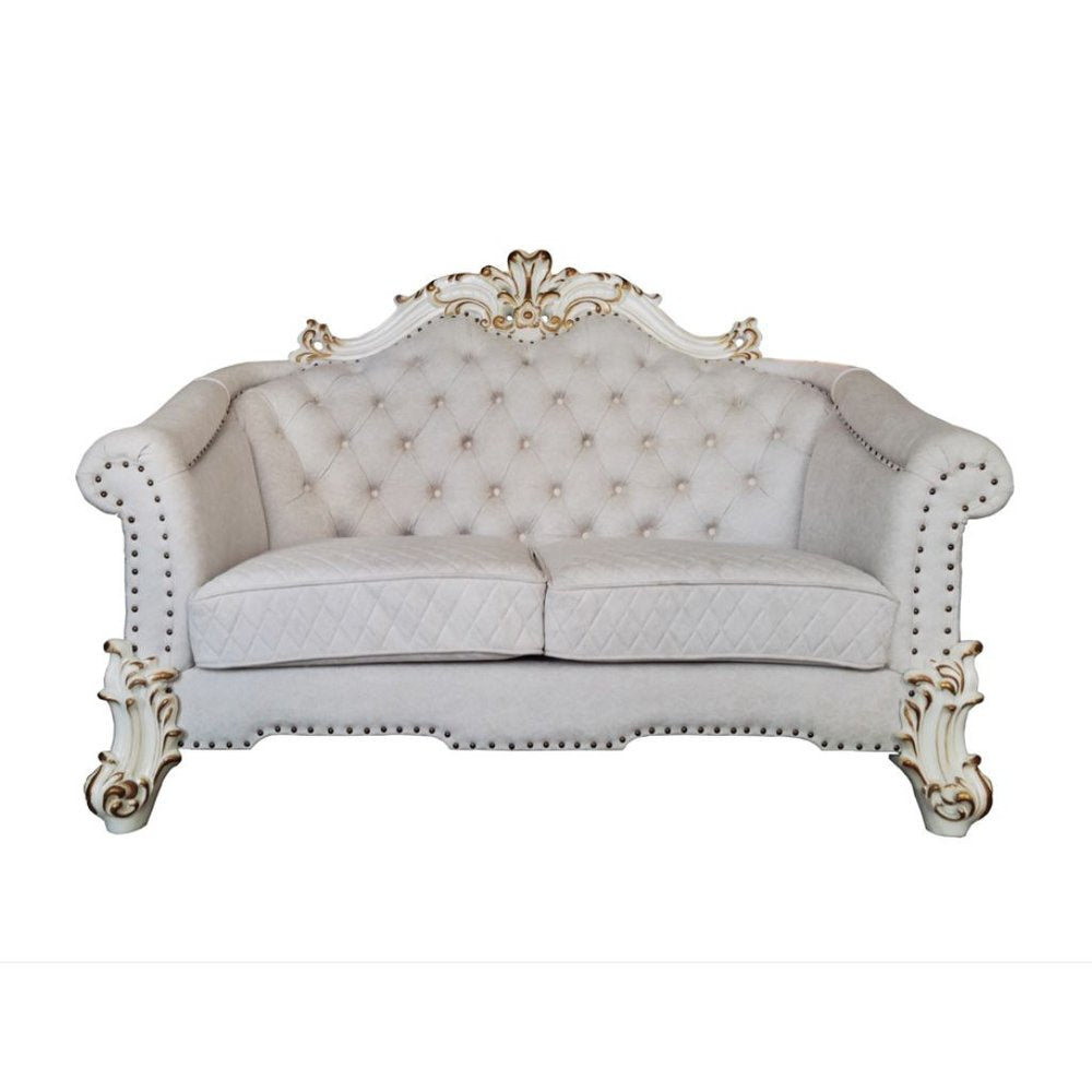 Loveseat de terciopelo bicolor marfil y perla de 66" y cojines decorativos