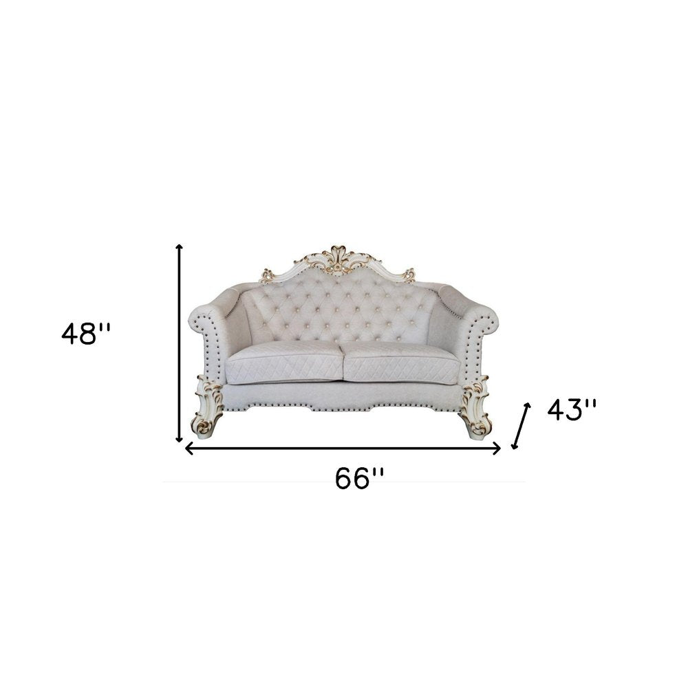 Loveseat de terciopelo bicolor marfil y perla de 66" y cojines decorativos