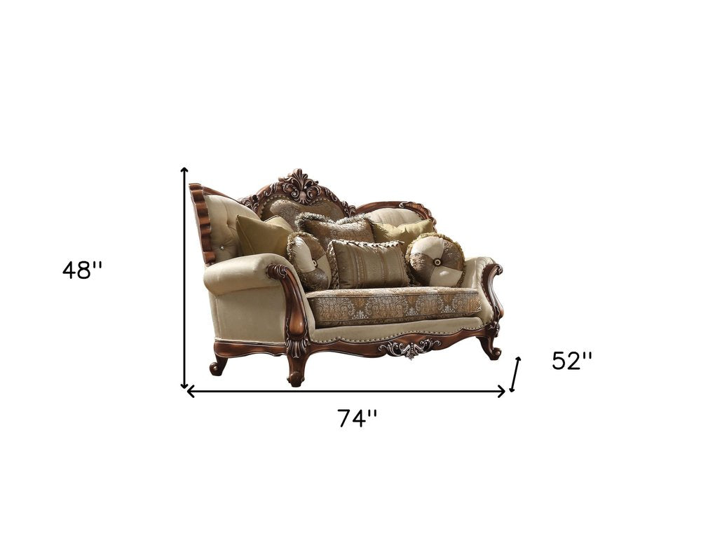 Loveseat curvo de terciopelo damasco marrón y tostado de 74" y cojines decorativos
