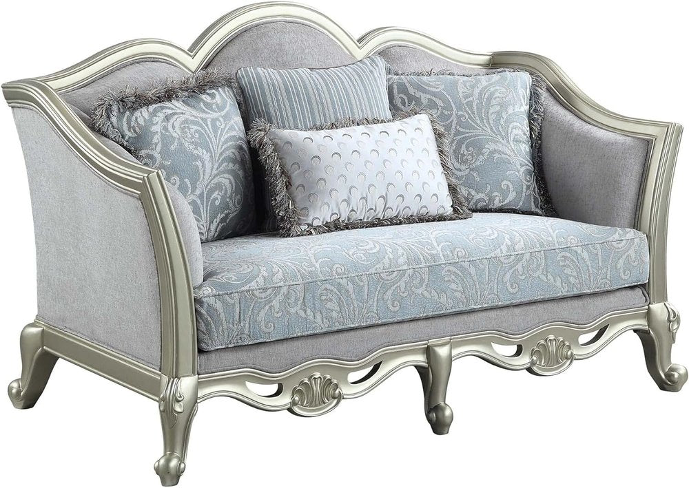 Loveseat de 66" con cojines de lino damasco en gris claro y champán