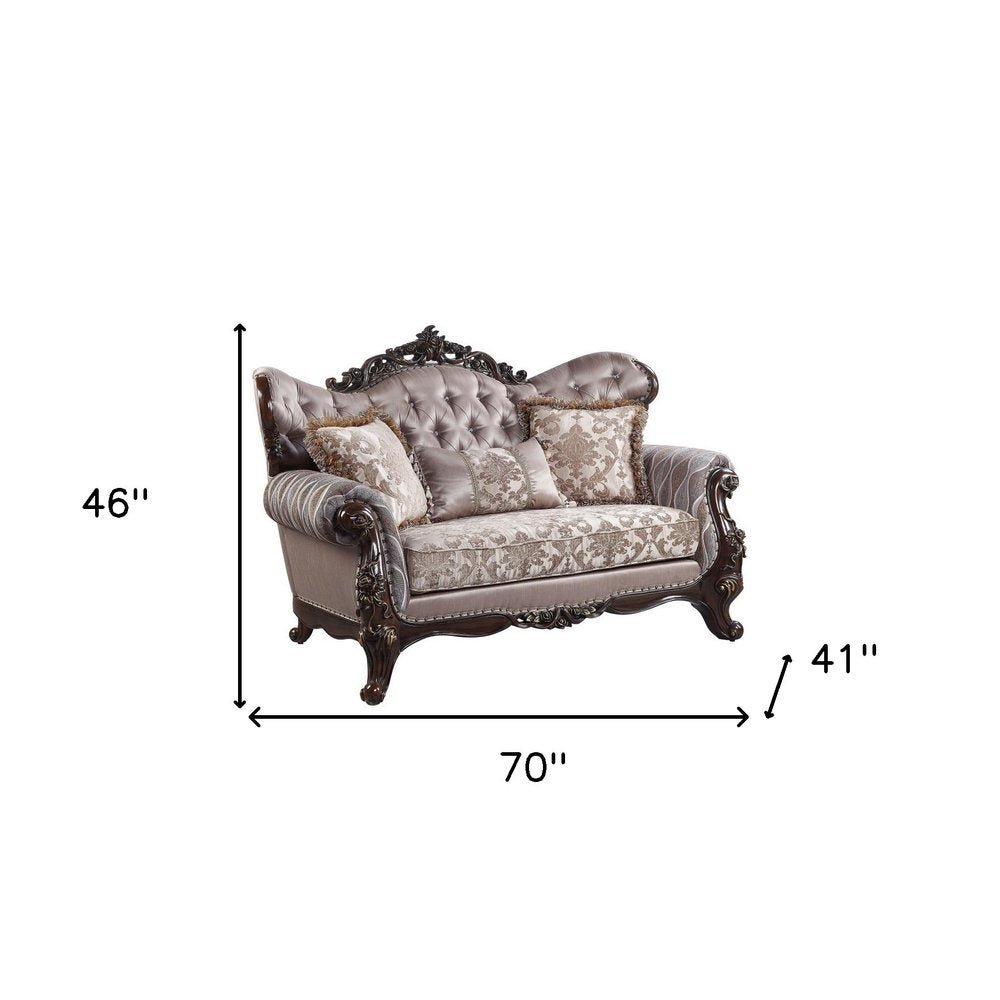 Loveseat rosa y marrón de 70" y cojines decorativos
