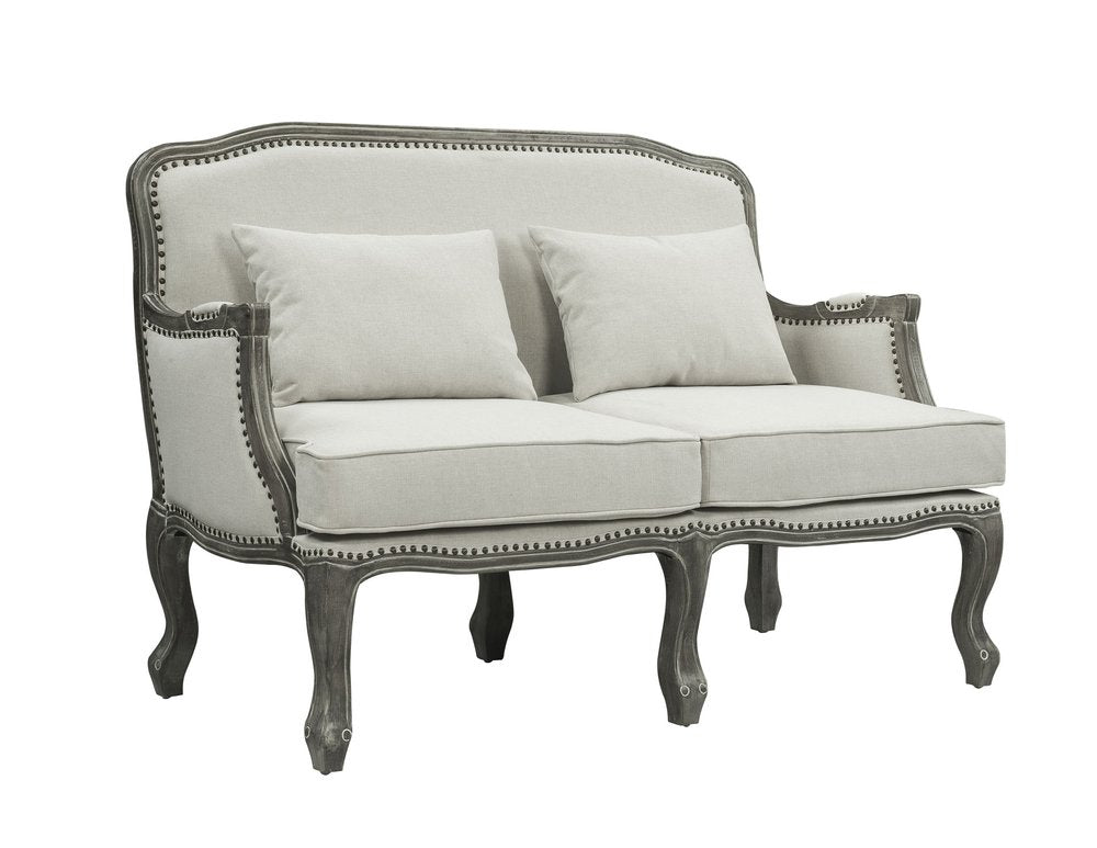 Loveseat de lino color crema y gris de 56" y cojines decorativos
