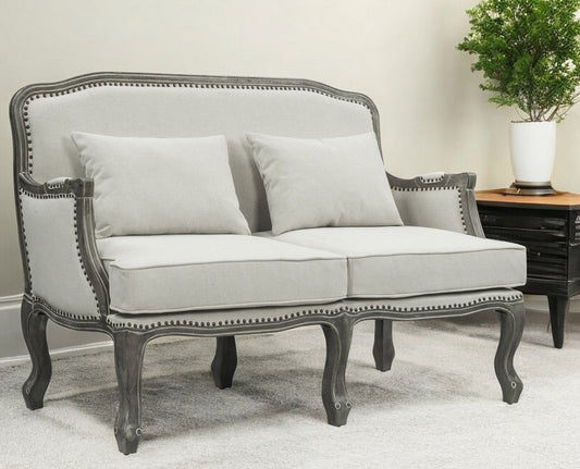 Loveseat de lino color crema y gris de 56" y cojines decorativos