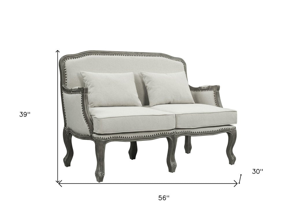Loveseat de lino color crema y gris de 56" y cojines decorativos