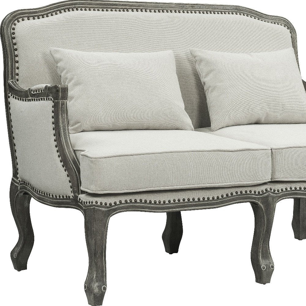 Loveseat de lino color crema y gris de 56" y cojines decorativos