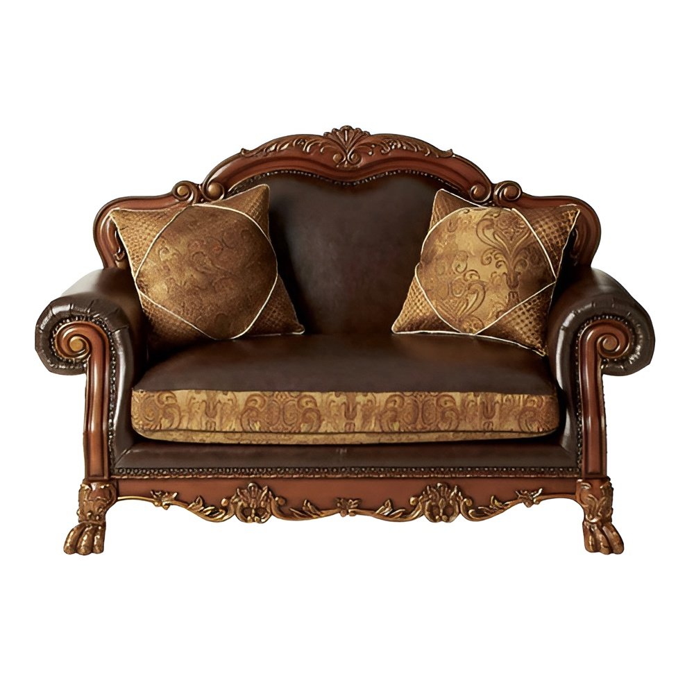 Loveseat de 67" de cuero sintético marrón y secuoya y cojines decorativos
