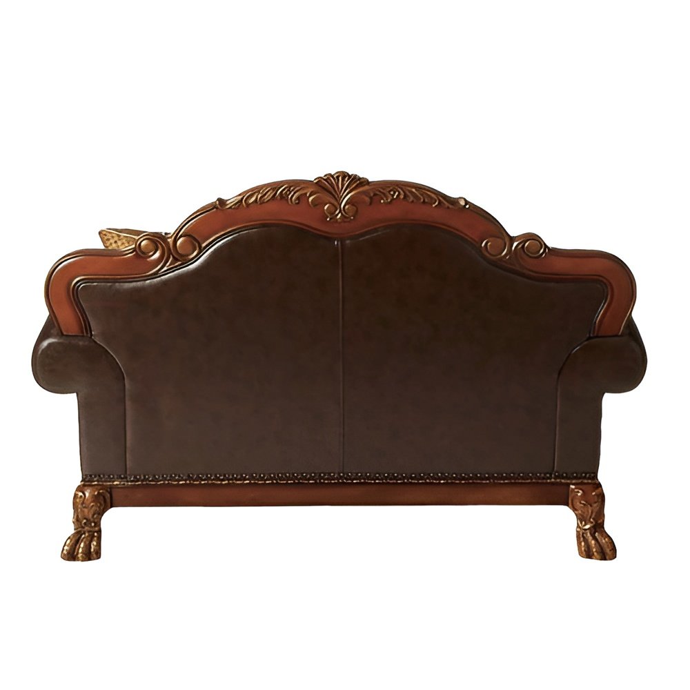 Loveseat de 67" de cuero sintético marrón y secuoya y cojines decorativos