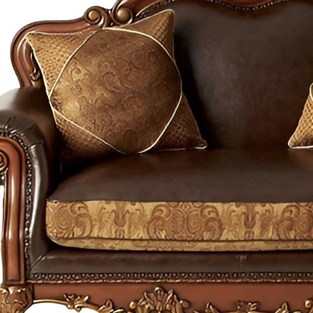 Loveseat de 67" de cuero sintético marrón y secuoya y cojines decorativos