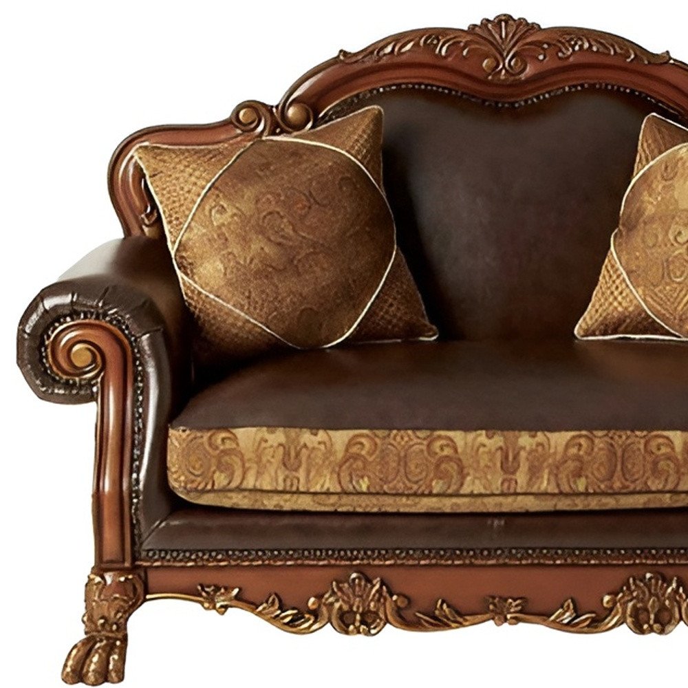 Loveseat de 67" de cuero sintético marrón y secuoya y cojines decorativos