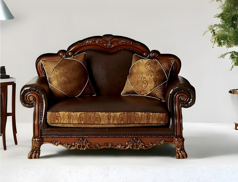 Loveseat de 67" de cuero sintético marrón y secuoya y cojines decorativos