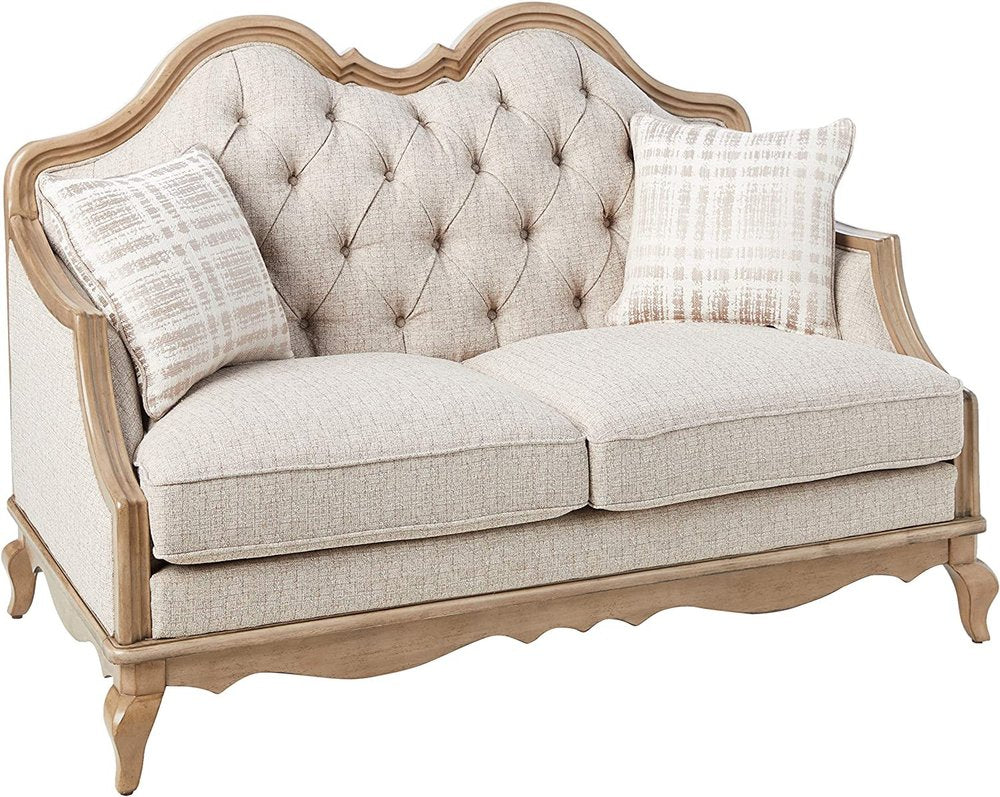 Loveseat de lino beige y marrón de 62" y cojines decorativos