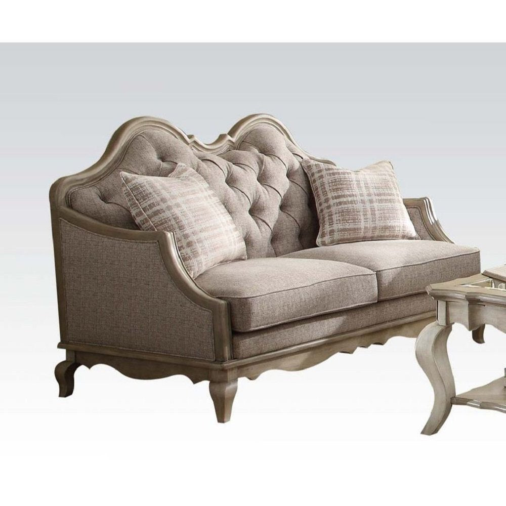 Loveseat de lino beige y marrón de 62" y cojines decorativos