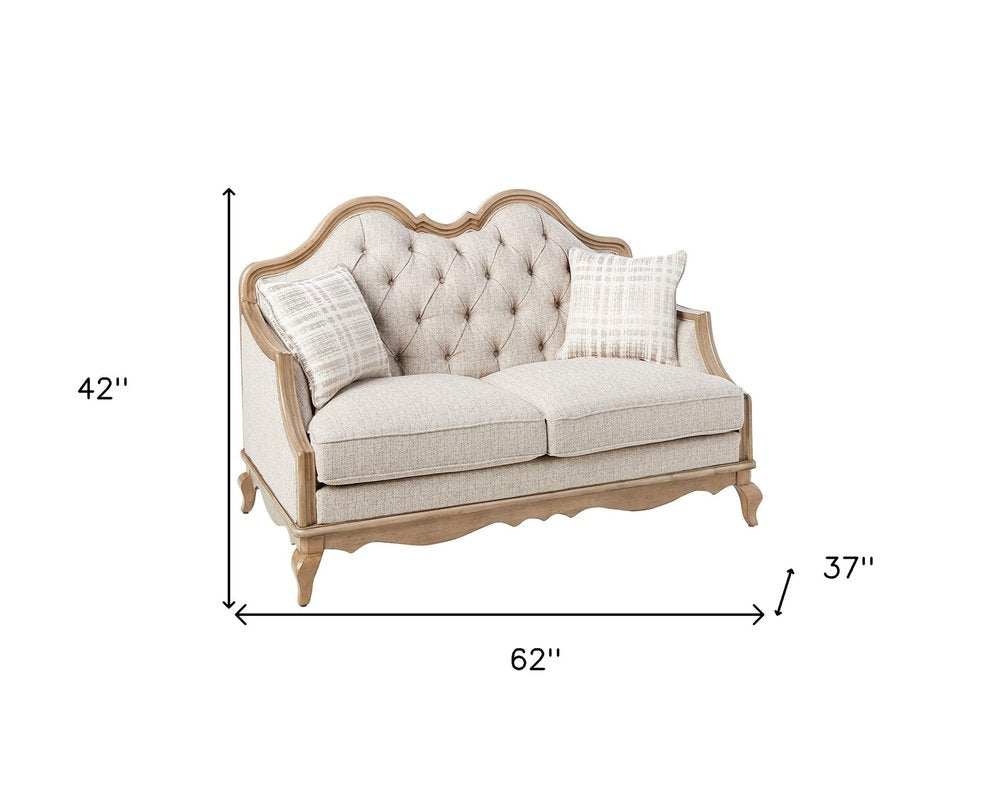 Loveseat de lino beige y marrón de 62" y cojines decorativos