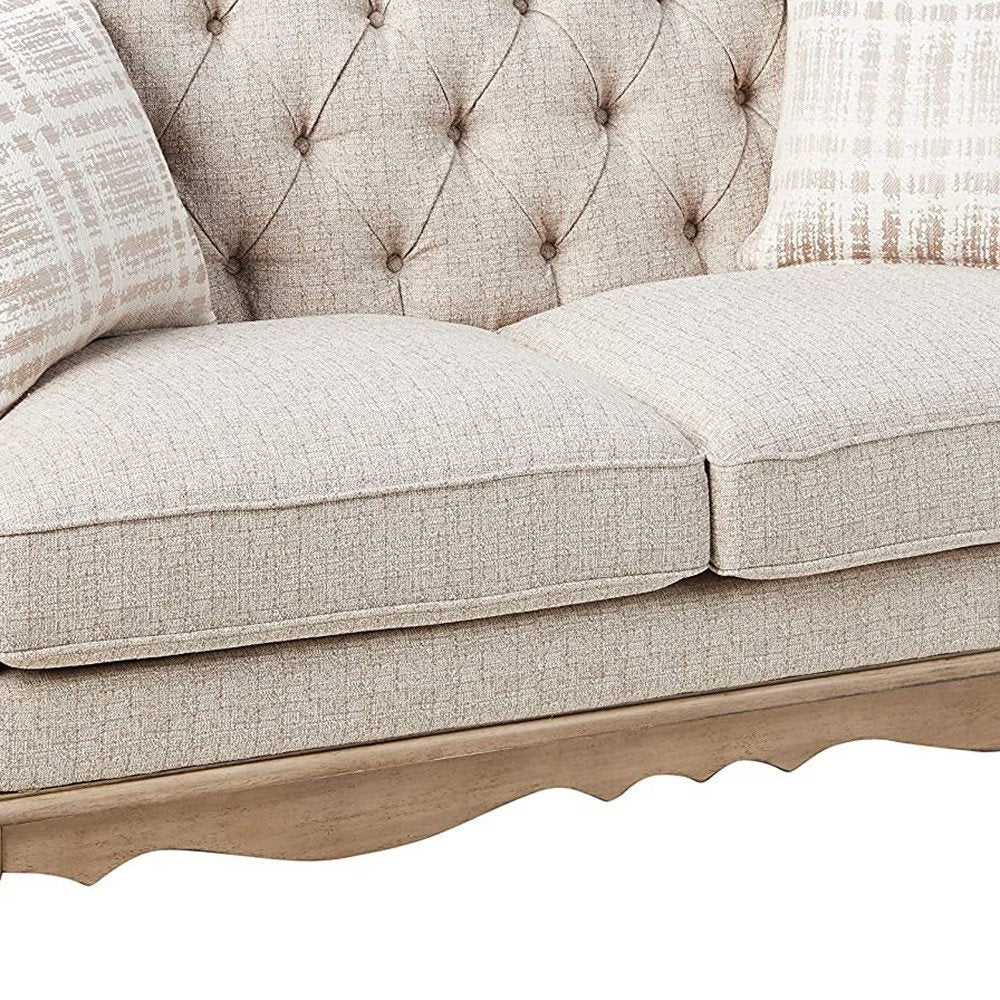 Loveseat de lino beige y marrón de 62" y cojines decorativos