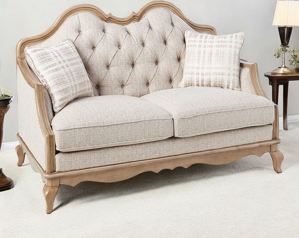 Loveseat de lino beige y marrón de 62" y cojines decorativos