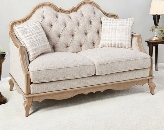 Loveseat de lino beige y marrón de 62" y cojines decorativos