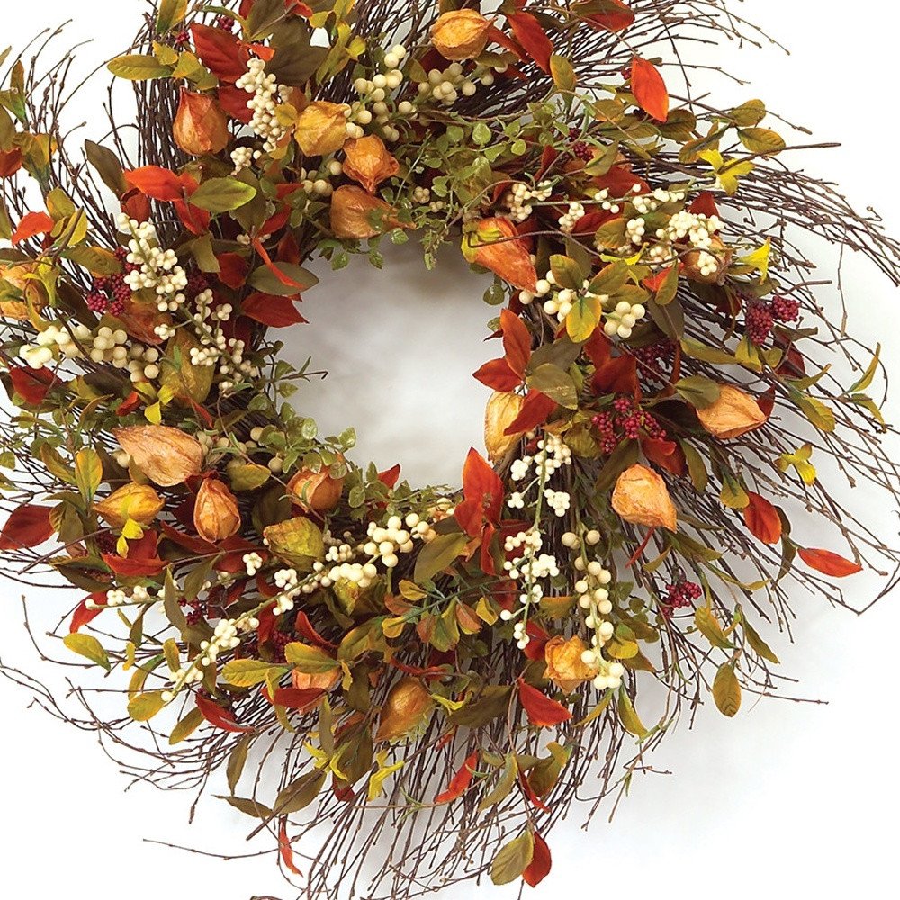 20" Green Brown And White Fall Mixed Assortment Artificial Wreath