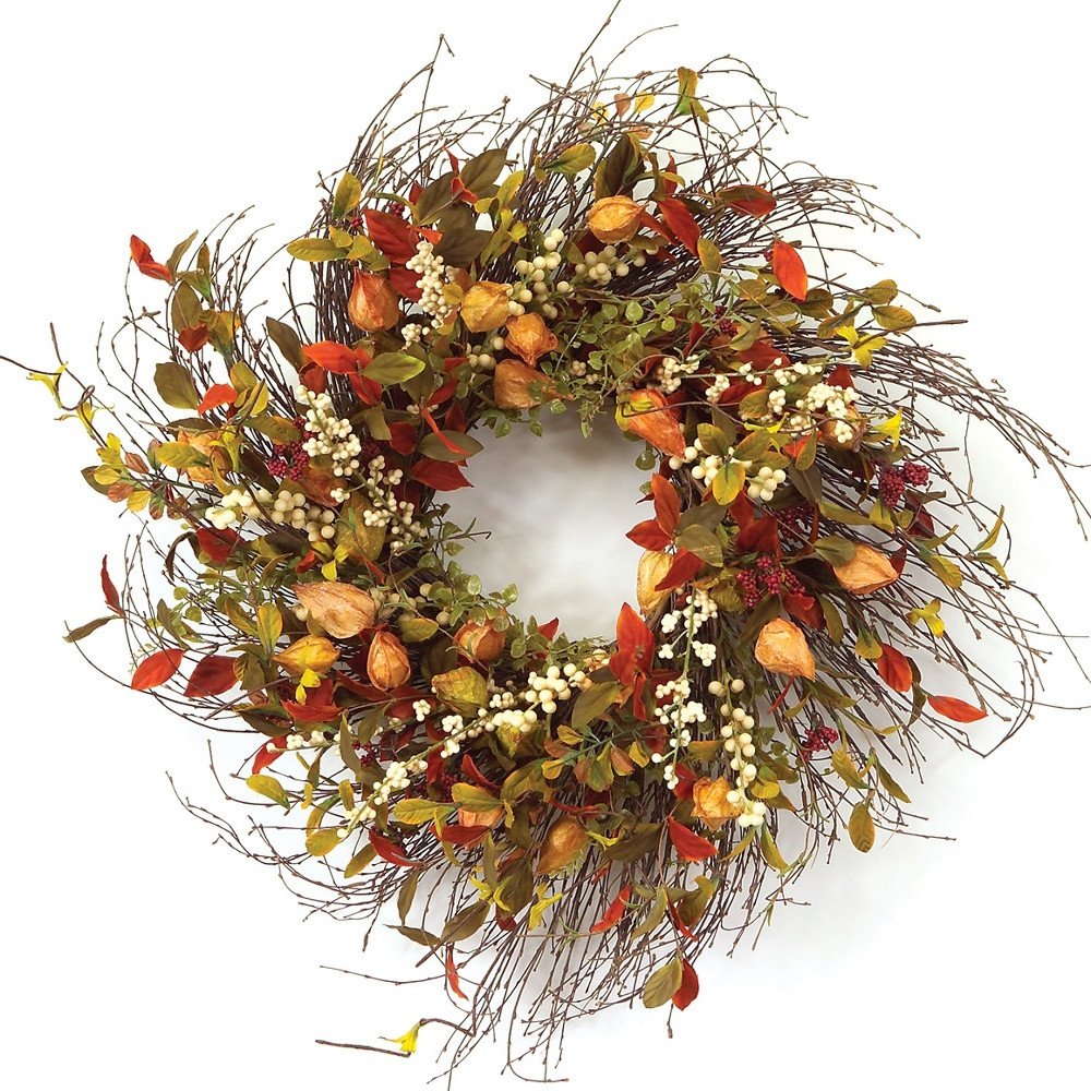 20" Green Brown And White Fall Mixed Assortment Artificial Wreath