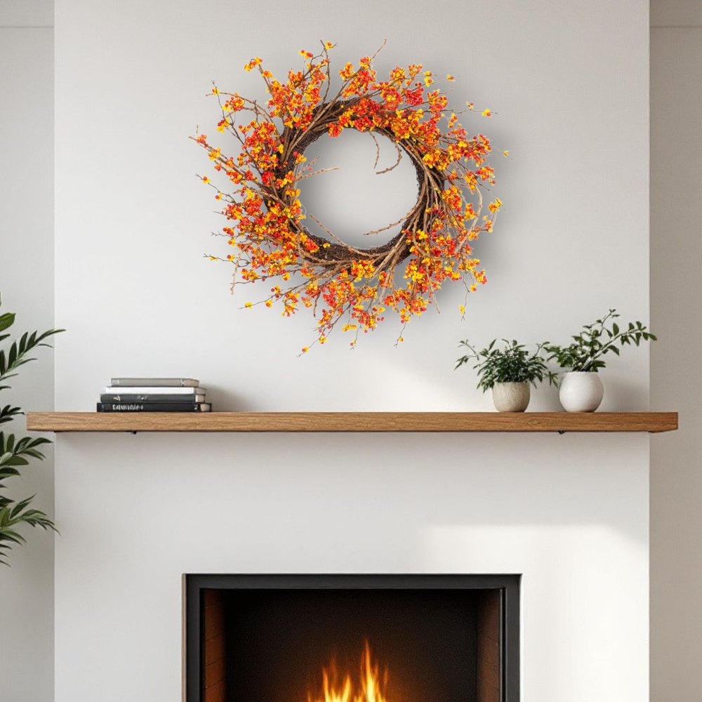 25" Brown Orange And Red Fall Berry And Twig Artificial Wreath