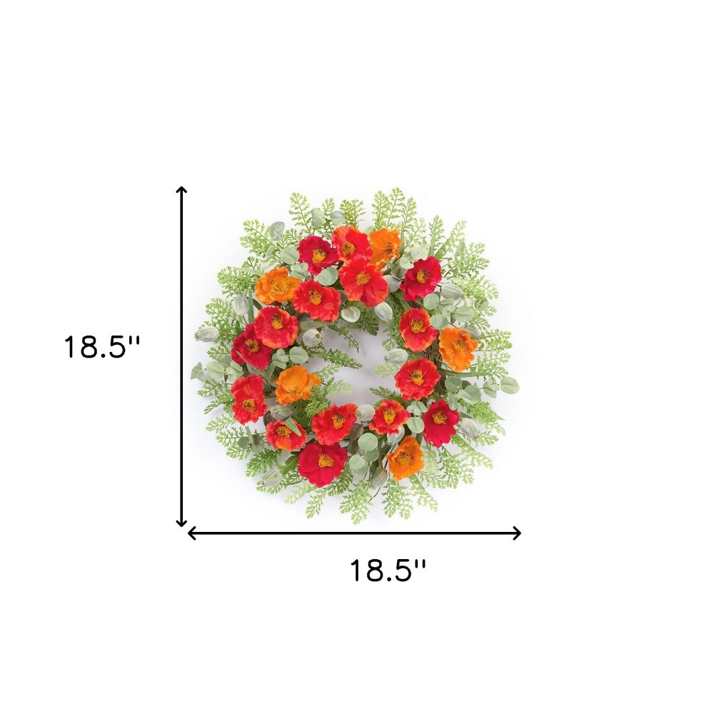 19" Green Orange And Red Fern And Poppy Artificial Wreath