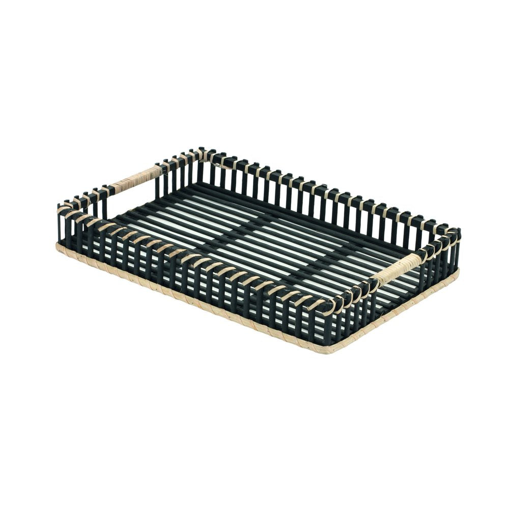 Juego de dos bandejas rectangulares de madera maciza con asas, color negro