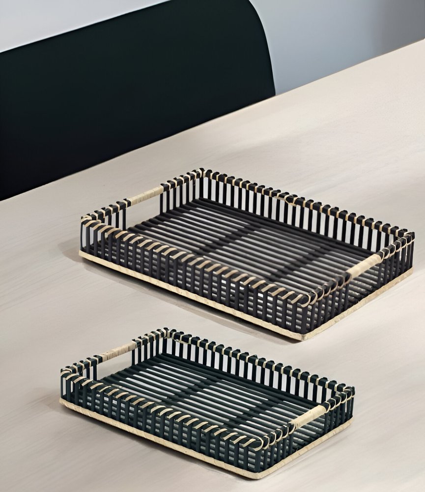 Set of Two Black Rectangular Solid Wood Serving Tray With Handles